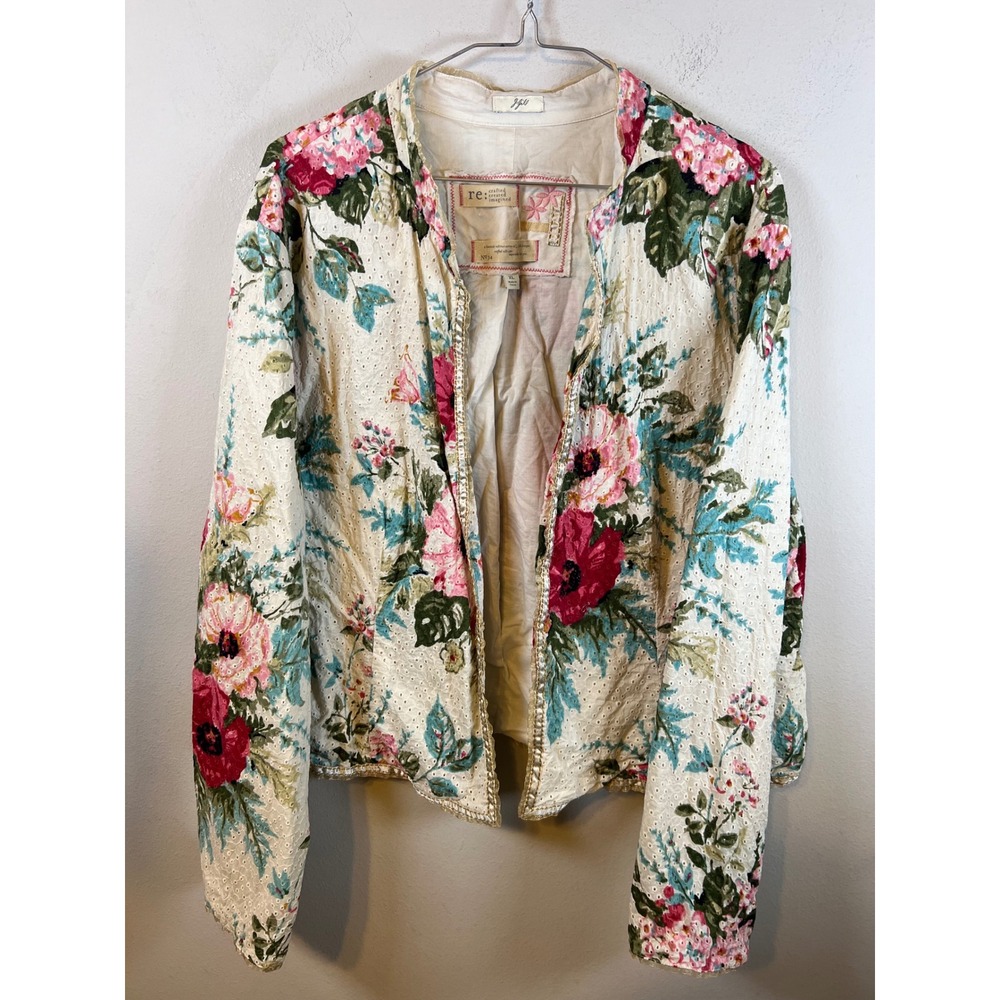 J. Jill Womens Jacket Eyelet Floral Open Front Off-White XL